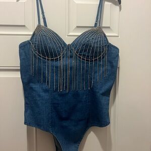Denim Bodysuit with Silver Hanging Rhinestones